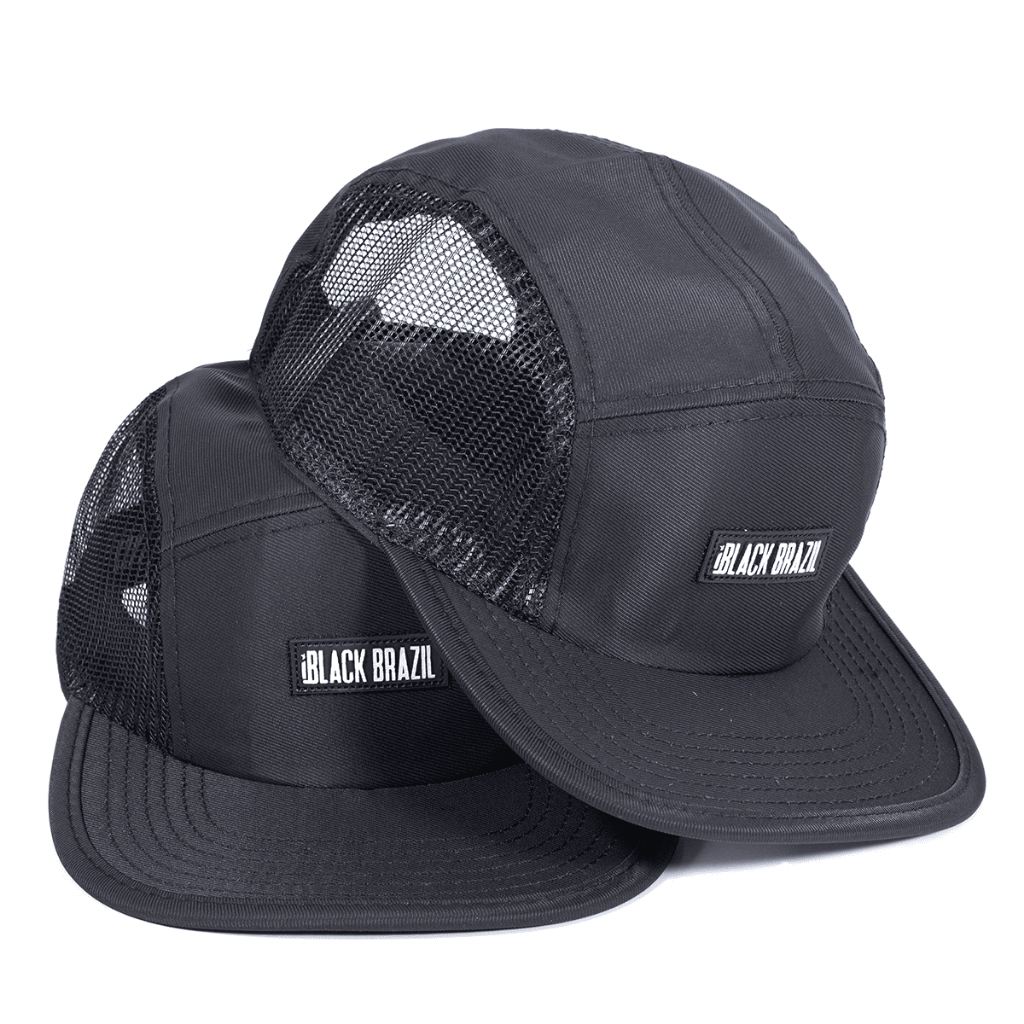 Boné Five Panel Skatista Ajustável Aba Reta Preto Tela Lateral Unissex