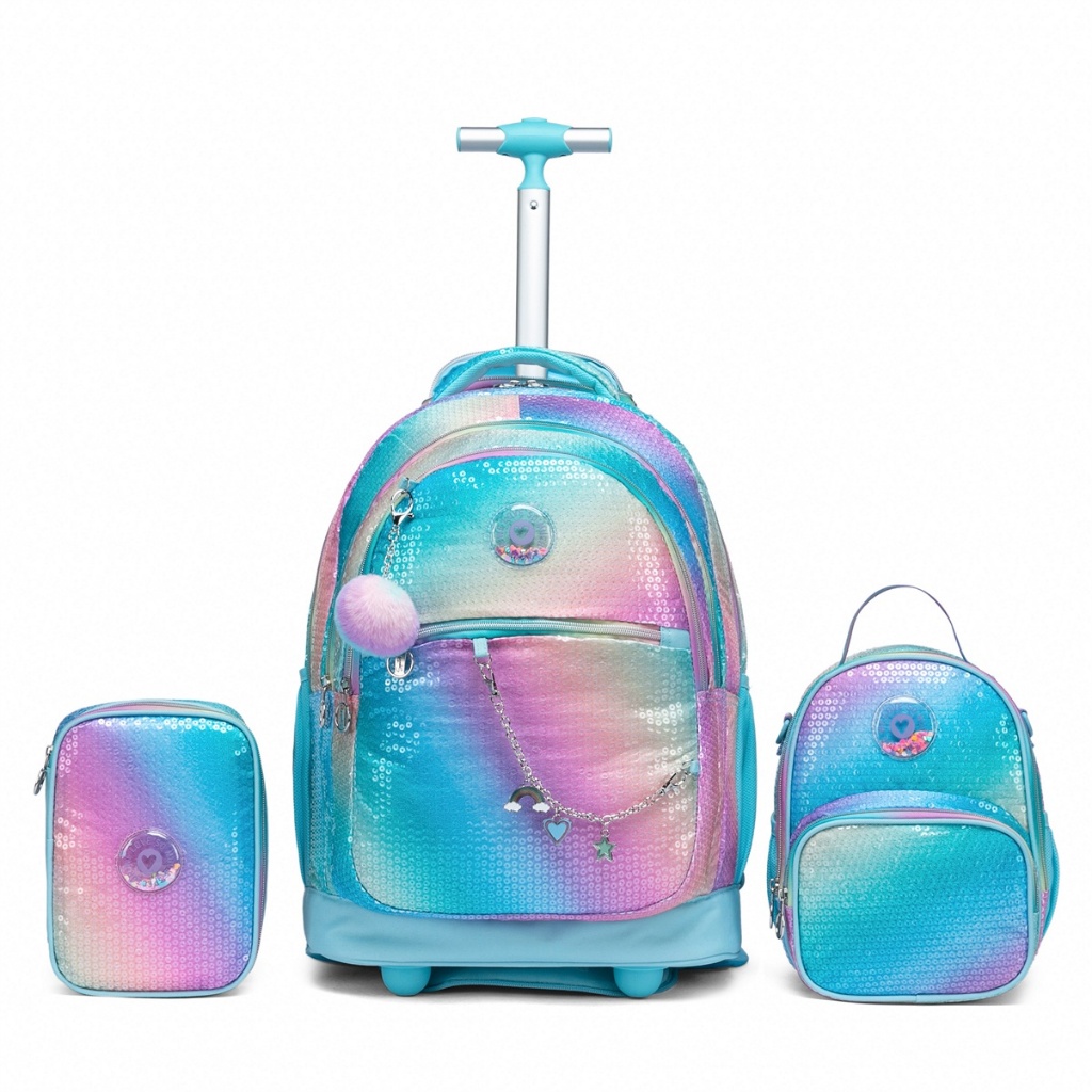 Kit Mochila Lancheira Estojo Rodinhas Juvenil Escolar Menina Reforçada Viagem Paetê Spector