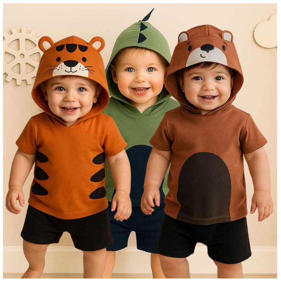 Conjunto infantil fantasia camiseta manga curta com capuz bordado divertido animais e shorts liso em Oferta na Shopee
