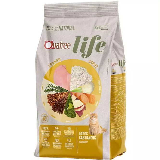 Ração Quatree Life Gatos Castrados Sabor Frango e Arroz 10,1Kg