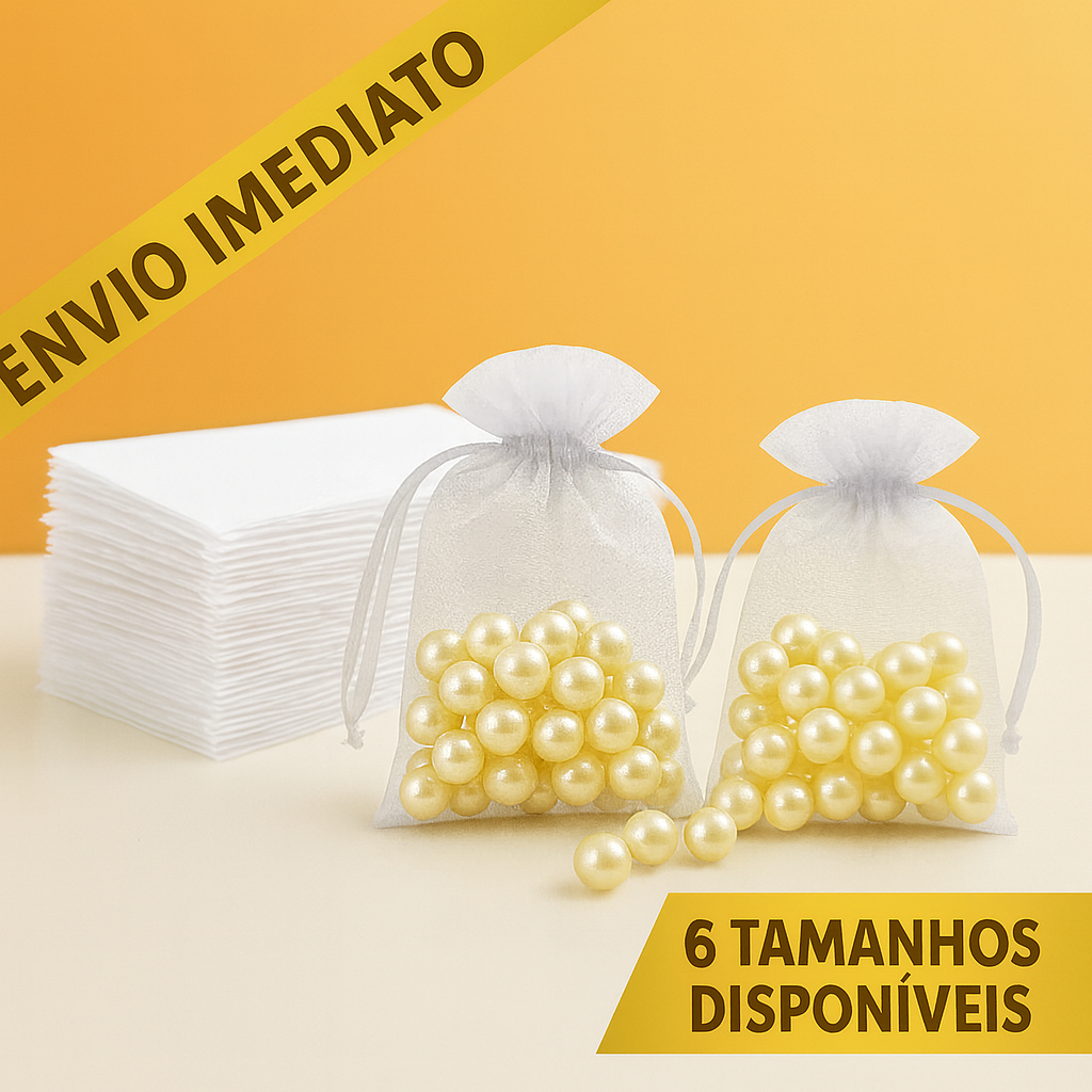 Kit 100 Saquinhos Saco Organza 7x9 / 9x12 / 10x15 / 12x17 / 20x30 / 20x35 Branco Lembrancinha Natal Jóia Festa Casamento