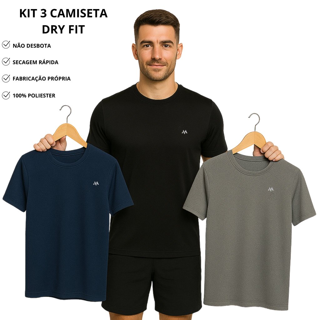 Kit 3 Camiseta New Wave - Dry Fit Masculina Tecnologia que Acompanha Seu Ritmo