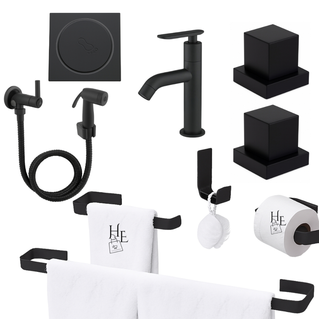 Kit Acessórios de Banheiro Preto +Torneira Bica alta+ Ducha Higienica+ 02 Acabamento Metal Deca+ Ralo Click 10x10