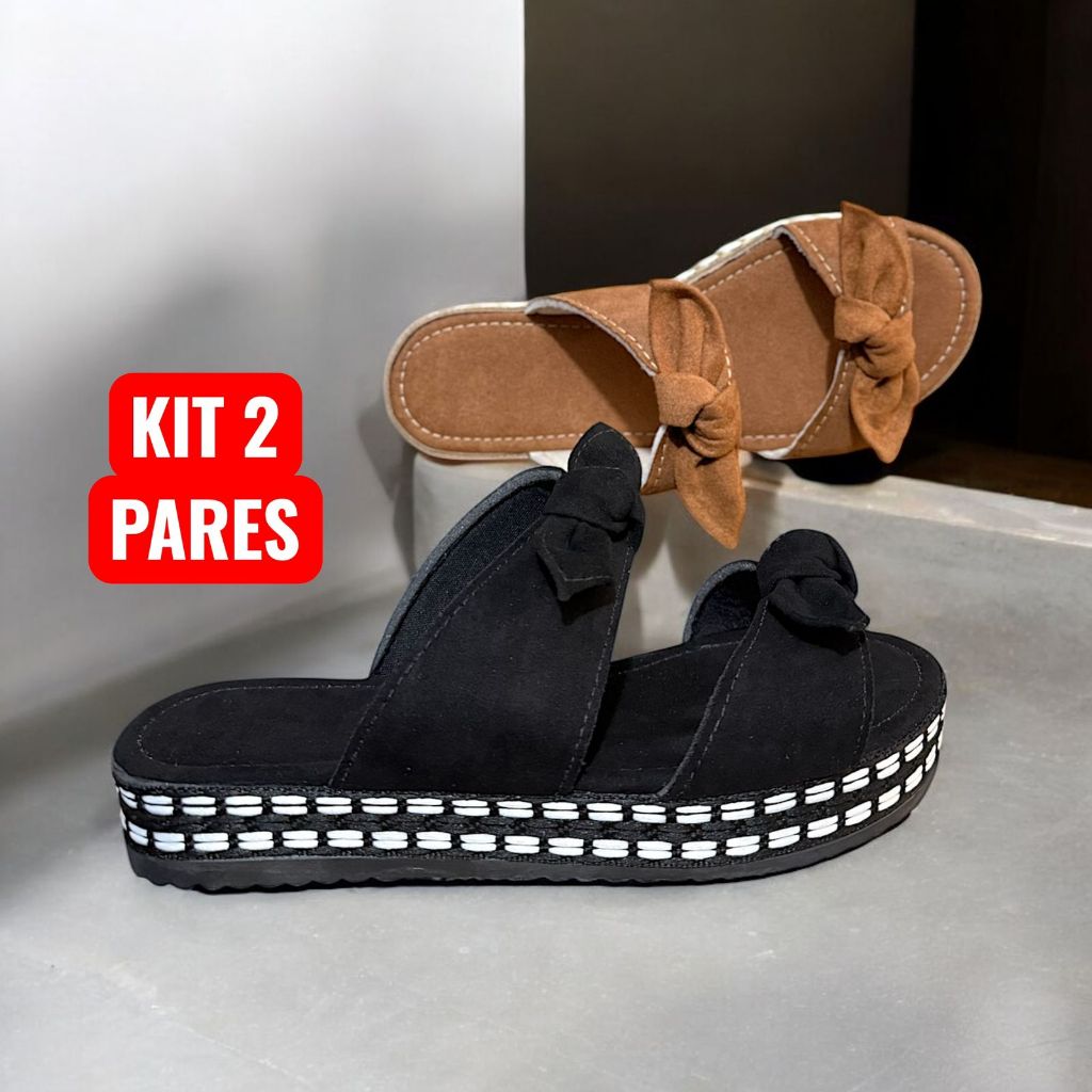 Kit 2 Pares Sandálias Feminina Delicada Moderna Tira Com Laço Tamanco Flatform Confortável Plataforma
