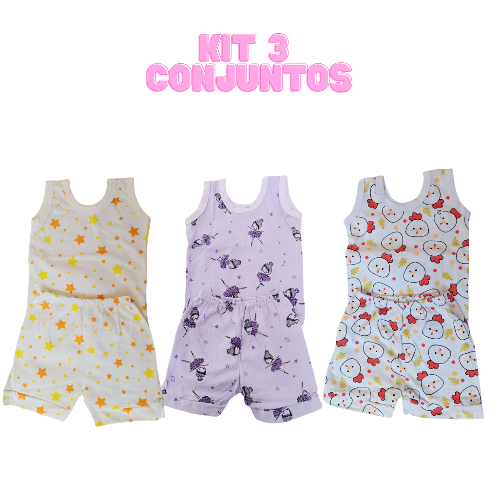 Kit 06 Peças Conjunto de Bebê Menina P,M e G Pijama Regata Sortidos Feminino Infantil 100% Algodão Verão