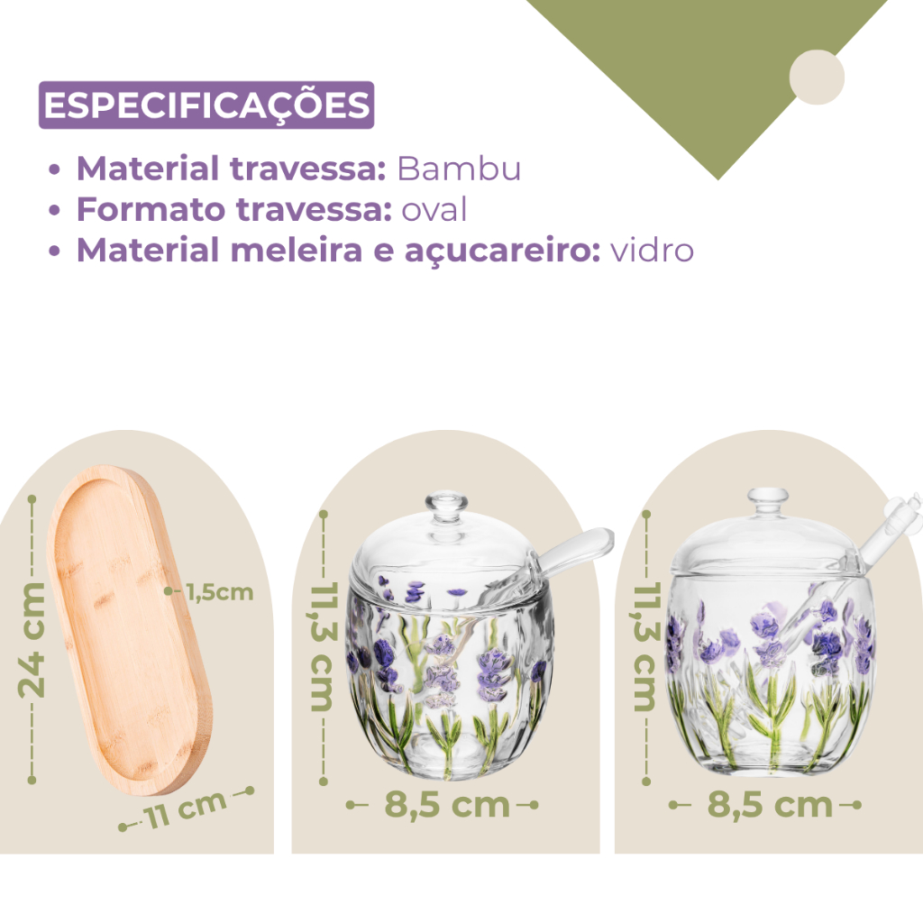 Detalhes do Kit Açucareiro Meleira E Travessa Bambu 3 Peças Lavanda Hand Painting Cristal Lyor