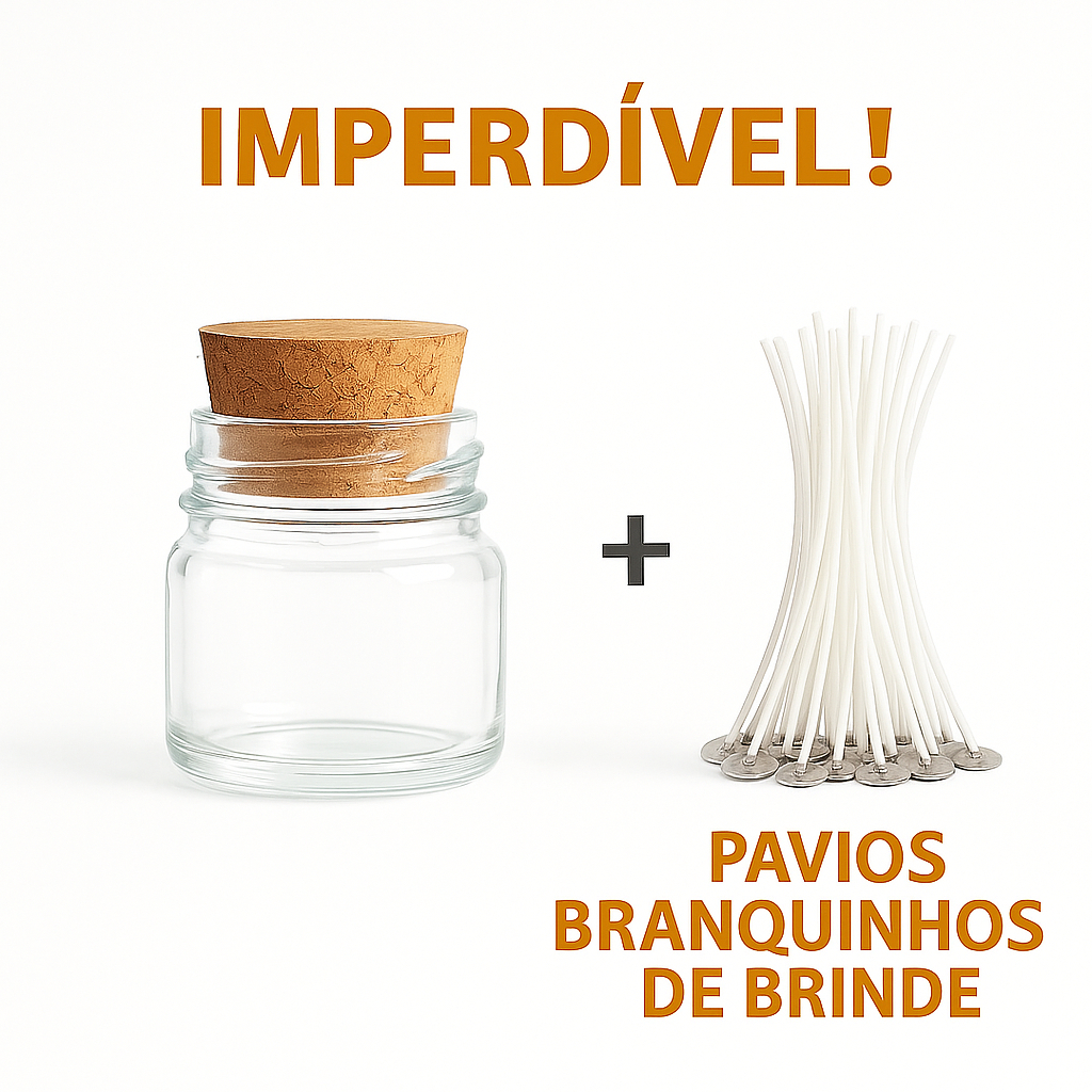 250 Mini Pote De Vidro 40ml + 250 Pavios Parafinados P/ Vela Tampa  Tipo Rolha Promoção Charmoso