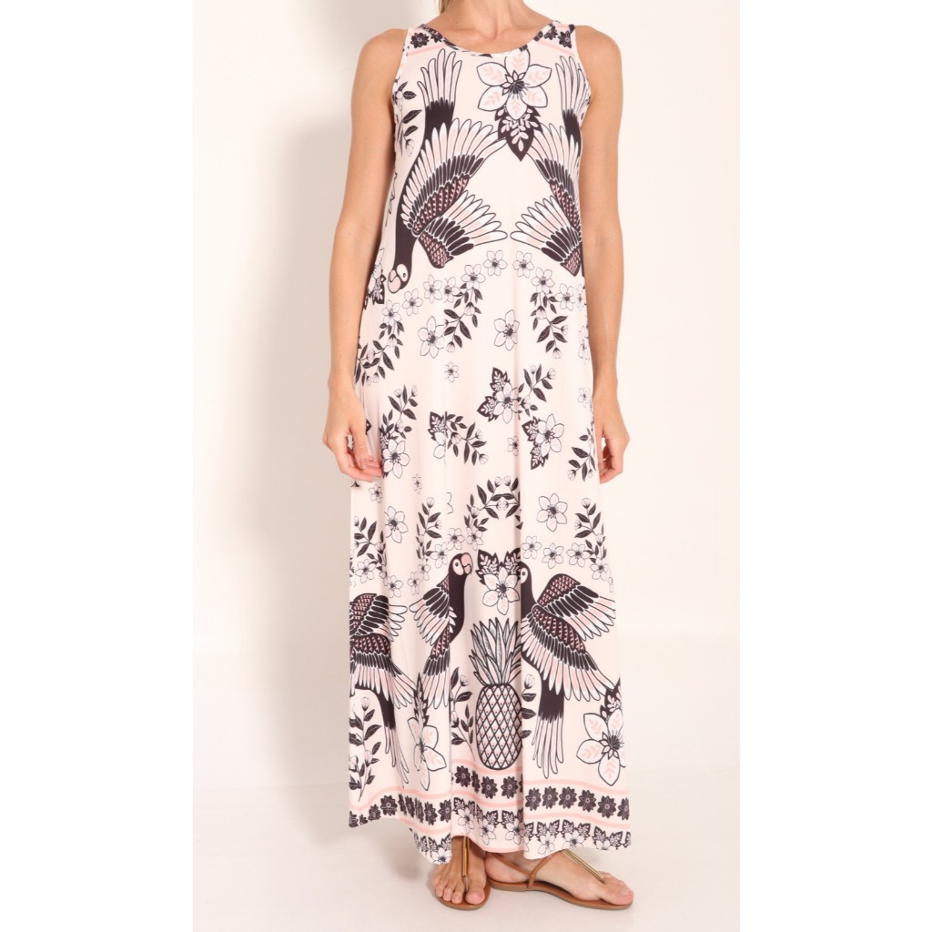 Detalhes do Vestido Longo Com Costas U Estampa Tropical Tecido Premium Elegante