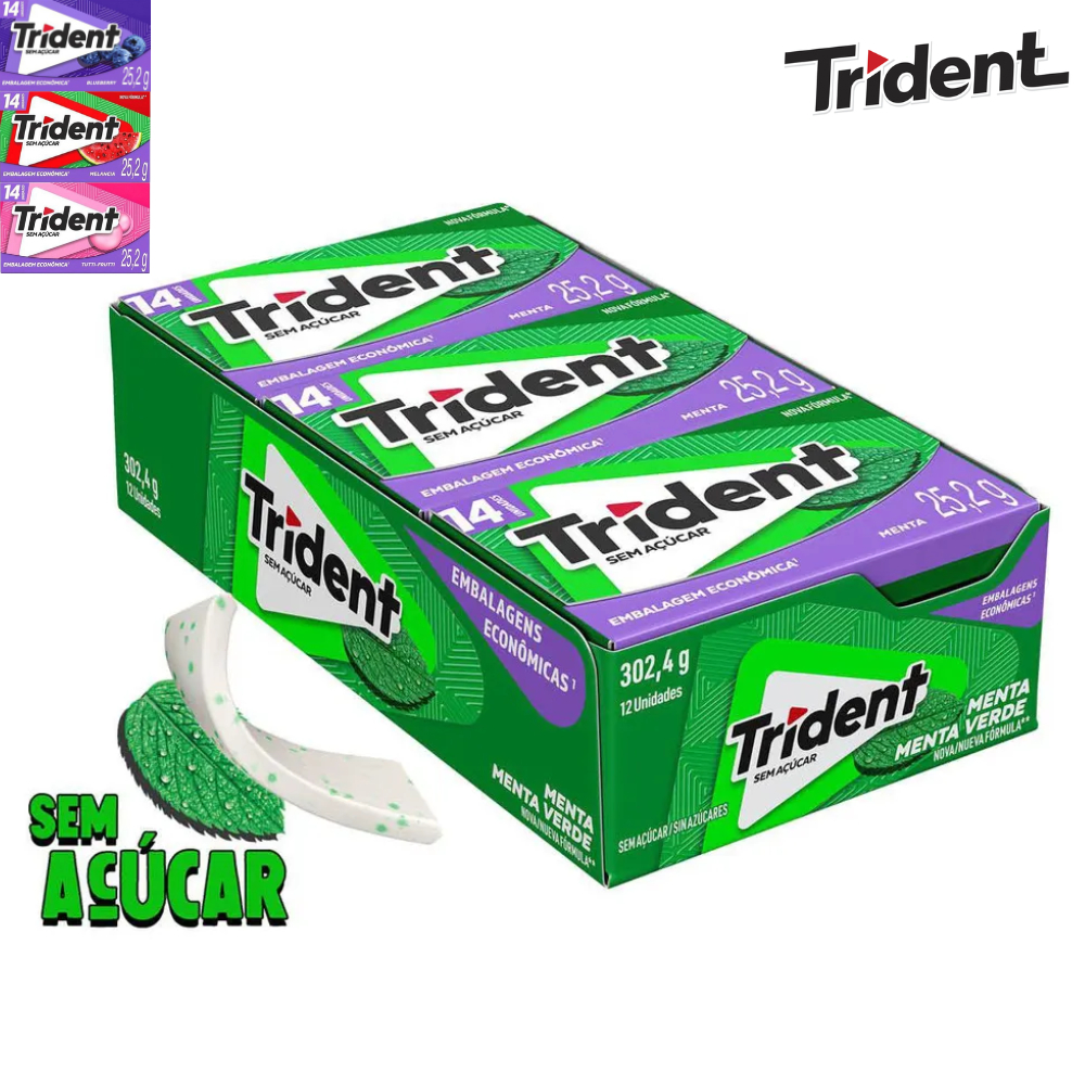 Chiclete Trident 14s De Menta Blueberry Melancia Sem Açúcar Pack Com 12 Unidades