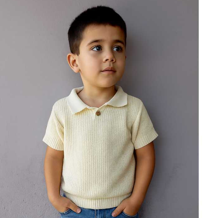 Camisa Modelo Pólo Modal Botão Menino Manga Curta Canelada Fang Detalhe Bandeirinha Barras.