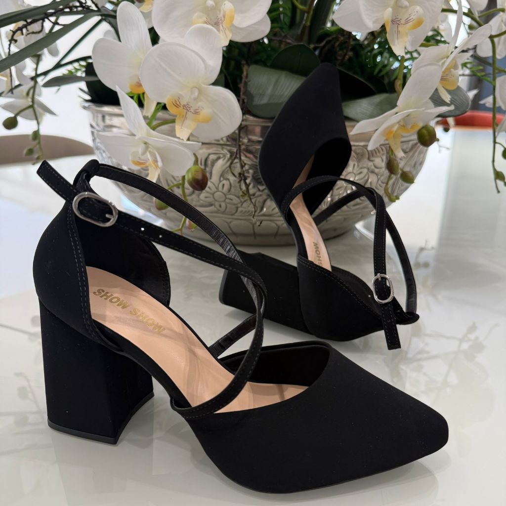 Sapato Feminino Scarpin Tiras Cruzadas Salto Alto 8 cm Grosso brilho elegante Original PÉ DA GATA