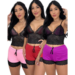 Kit Baby Doll Detalhes Em Renda Malha Fria Short Doll Linha Noite Pijama Curto