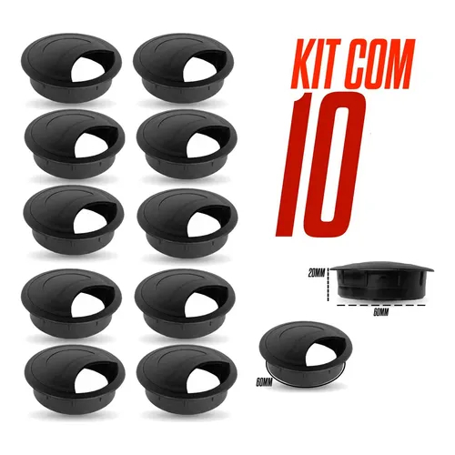 Kit 10 Acabamento Passa Fio Redondo Preto Mesa Moveis 60mm em Oferta na Shopee