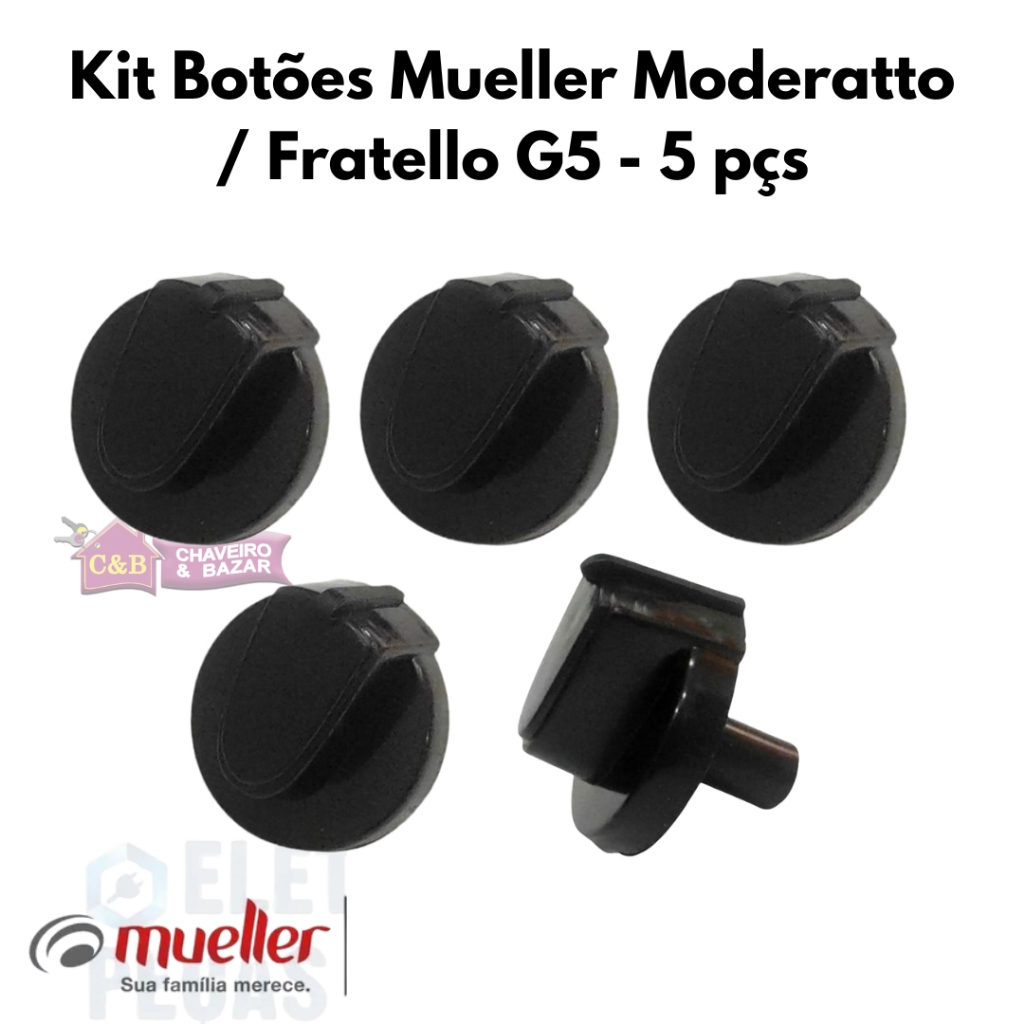 Kit Botão Fogão Mueller Moderatto / Fratello G5 Preto 5 peças