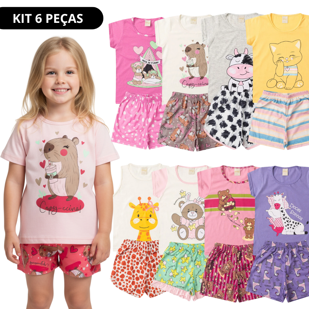 Kit Sortido 6 Peças de Pijama Infantil Menina Verão - 3 conjuntos