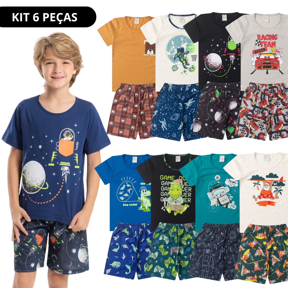 Kit Sortido 6 Peças de Pijama Infantil Menino Verão - 3 conjuntos
