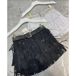 Saia Feminina Curta com Franjas de Strass Brilho e Elegância Moda Balada Premium