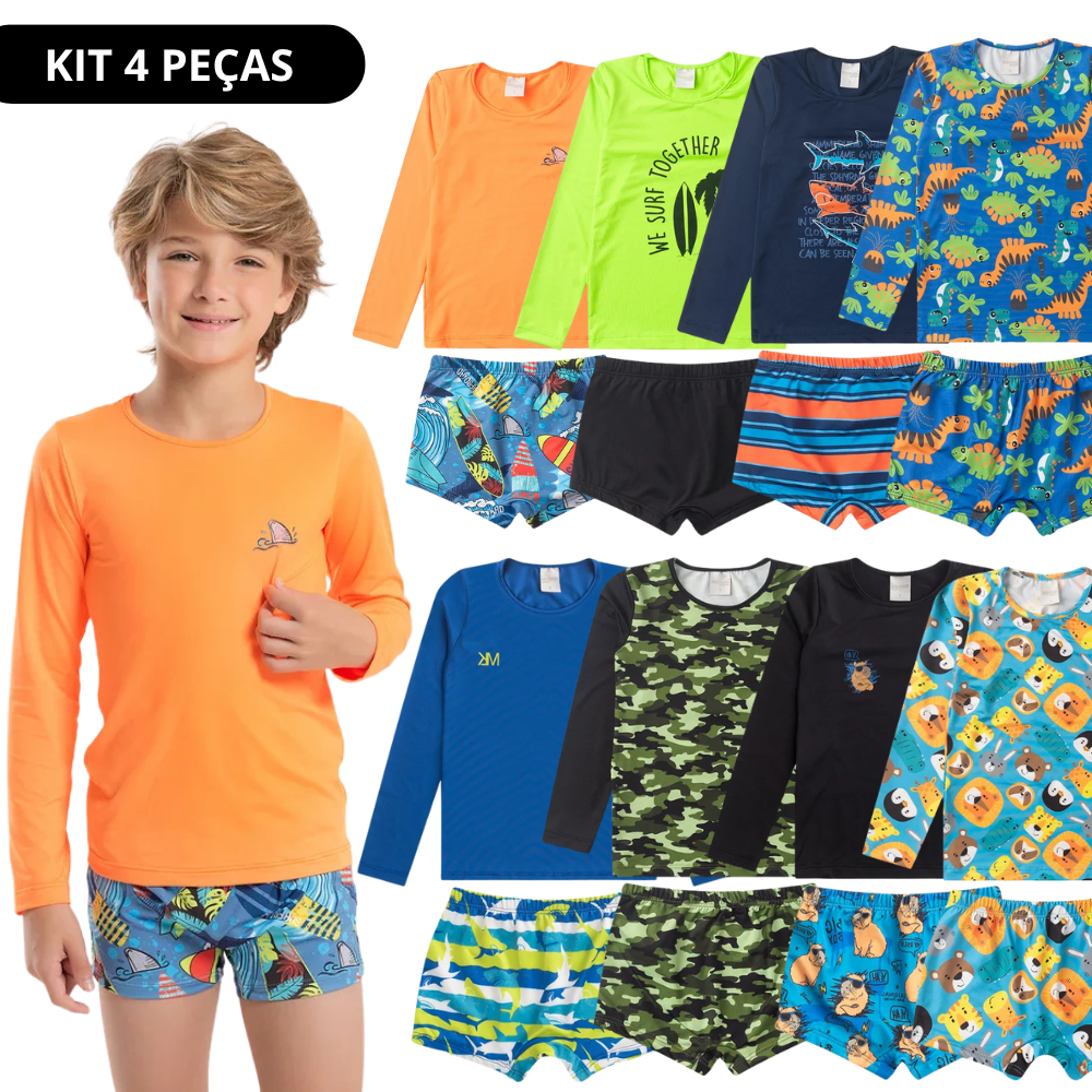 Kit Sortido 4 Peças Moda Praia Camiseta e Sunga Infantil Menino Verão - 2 conjuntos