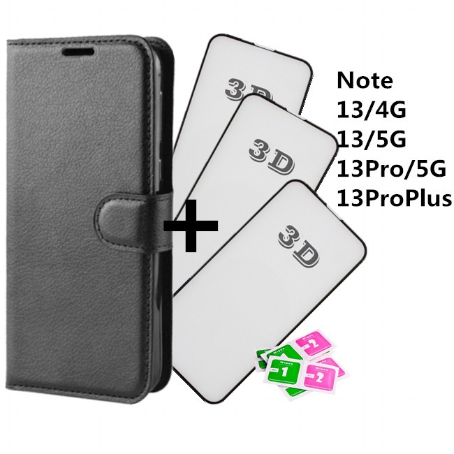 Capa Capinha Carteira Couro + Película 3D Para Redmi Note 13 4G / Note 13 5G / Note 13 Pro 5G