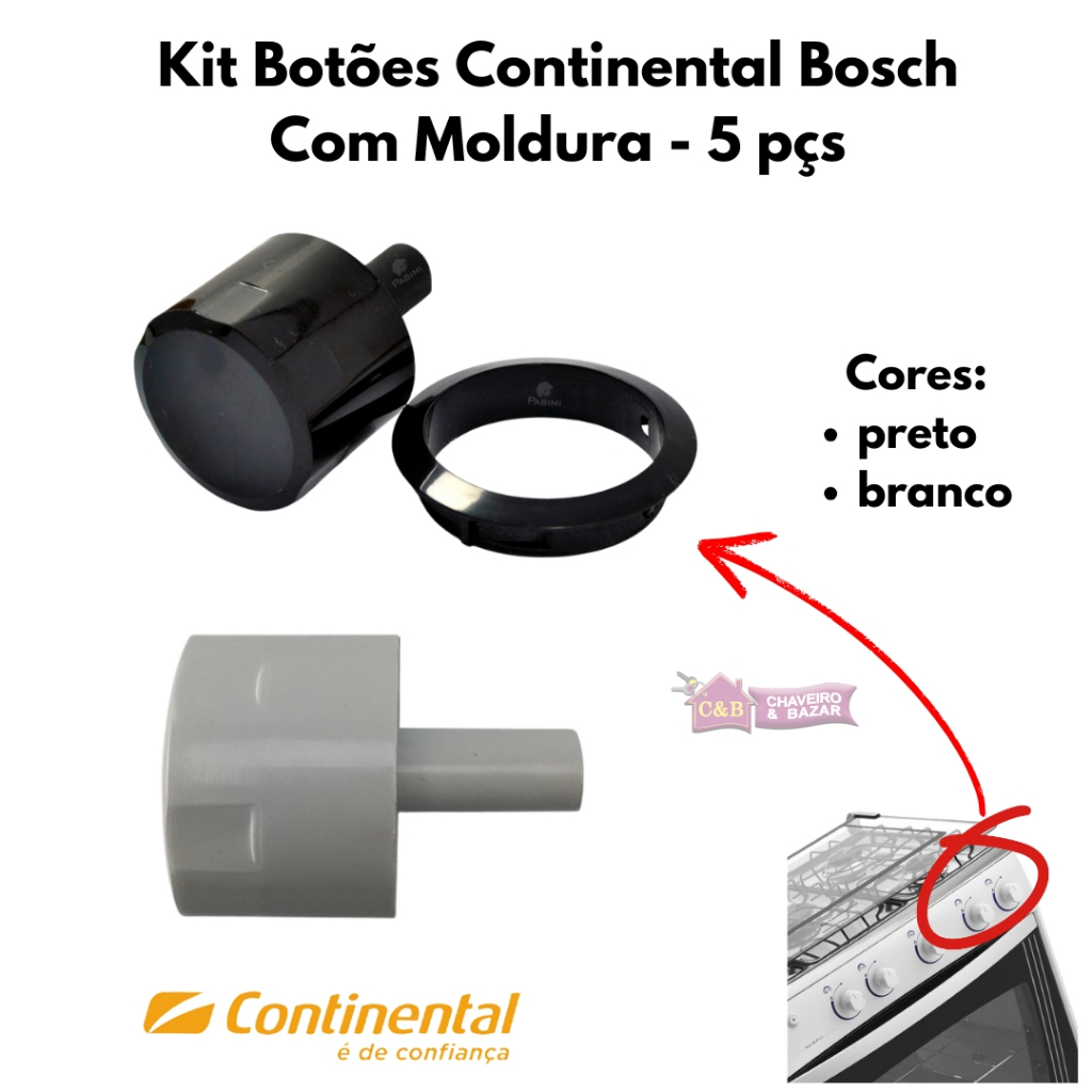 Botão de Fogão Continental Bosch Com Moldura 5 pecas - Preto / Branco