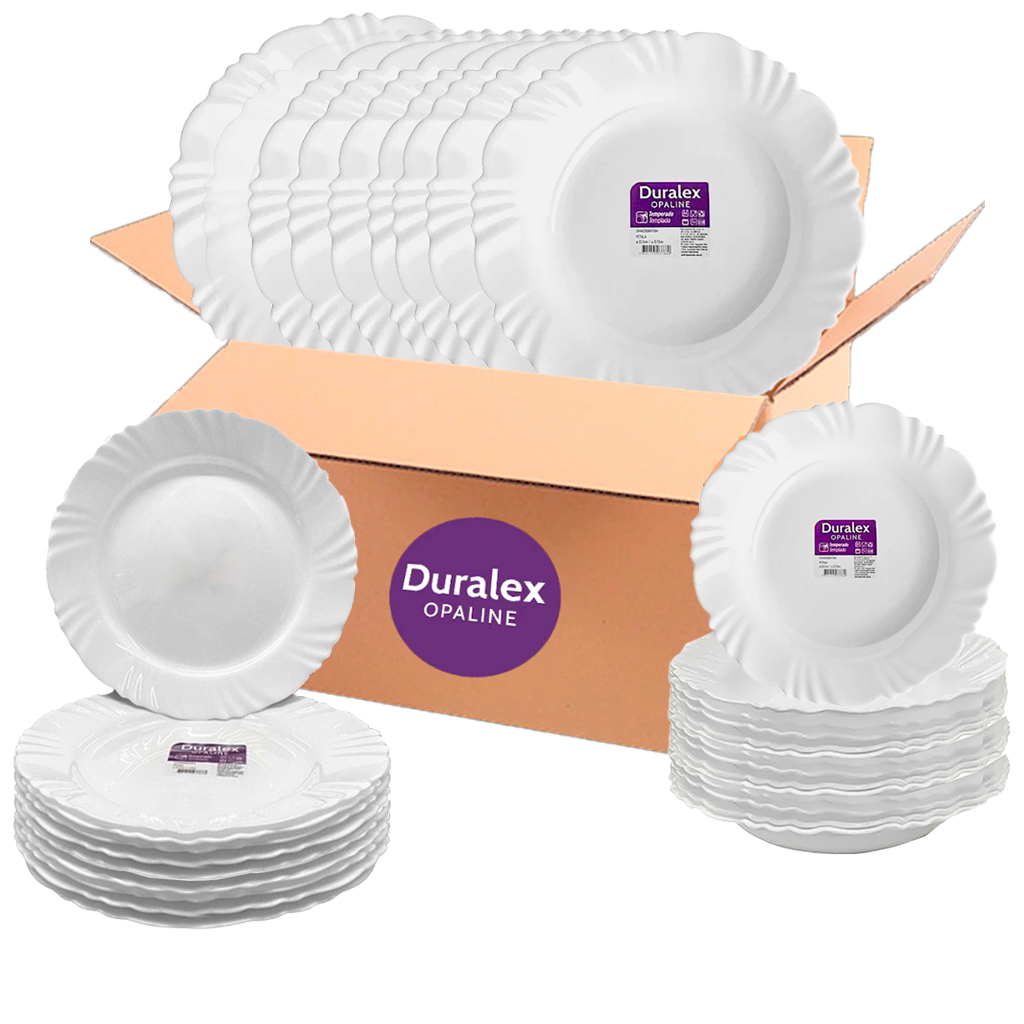 Kit jogo 24 Pratos Fundo ou Raso Pétala Branco Vidro Resistente Jantar de vidro temperado Duralex