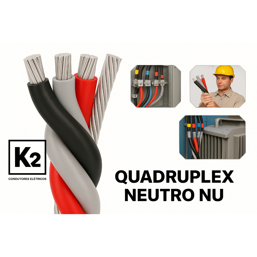 Cabo Quadruplex 35mm Alumínio Neutro Nu Preto Cinza Vermelho 45m Poste Rede Trifásica Energia Rural