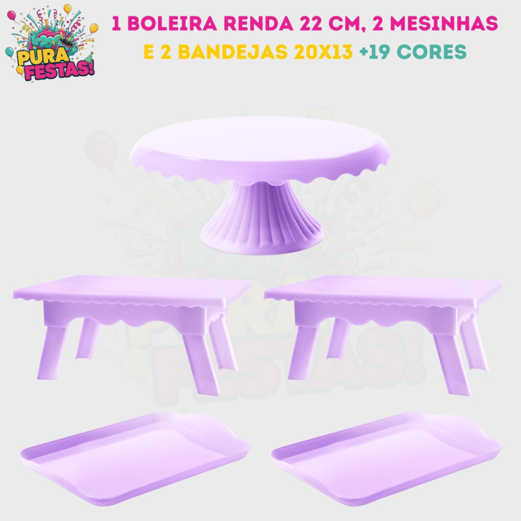 Kit - 1 Boleira Renda 22 Cm, 2 Mesinhas e 2 Bandejas 20x13 - Diversas Cores em Oferta na Shopee