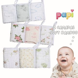 Paninho de Boca Papi Soft Bamboo Premium 25x25cm | Kit 3 Fraldinha com Prendedor de Chupeta em Oferta na Shopee