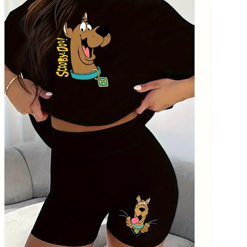conjunto feminino academia camiseta+bermuda legging cós alto zero transparencia scooby-doo