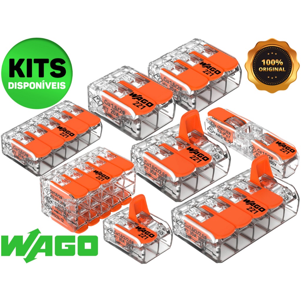 Kit 10 Conector Elétrico 221 Emenda Wago 1, 2, 3, e 5 vias 32/41A Original 4mm² e 6mm² Chuveiro Tomada Lâmpada em Oferta na Shopee