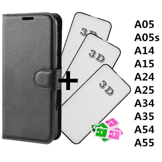 KIT Capa Capinha Carteira Couro + 3 Película 3D Para Samsung Galaxy A05/A05s/A14/A15/A24/A25/A34/A35/A54/A55