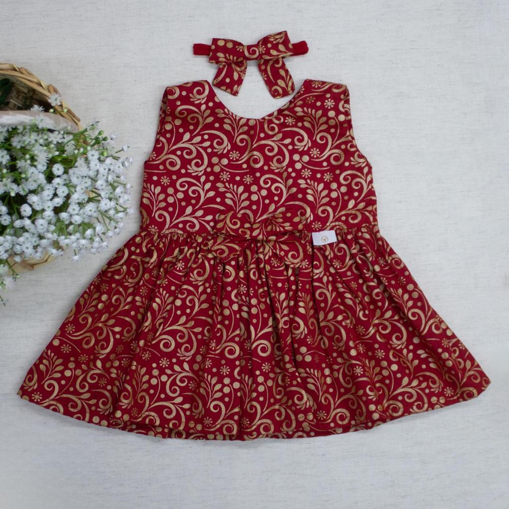 Vestido de Natal Bebê Infantil Natal 100 % Algodão Vestido Vermelho Arabesco Dourado