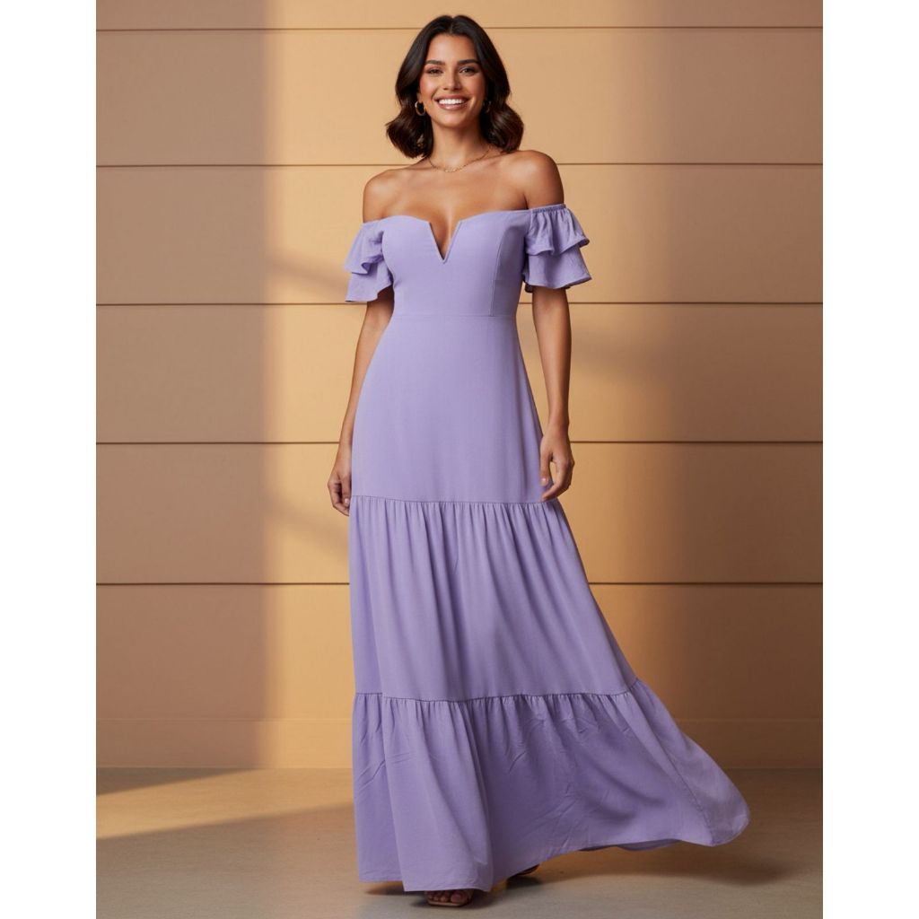 Vestido Longo Godê Camadas, Manga Curta Ciganinha, Busto com Bojo, Recortes na Frente e Costas Feminino - Camarim 18