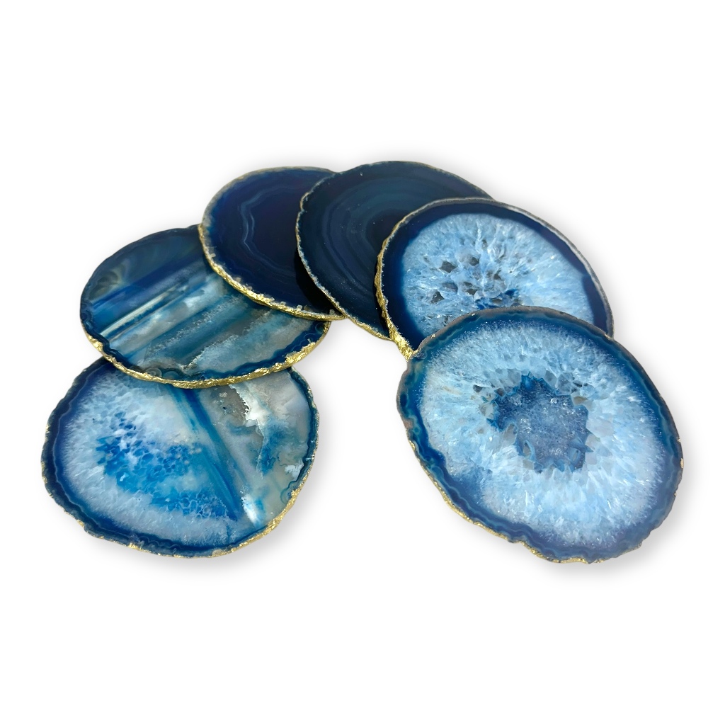 Kit Porta Copos Ágata Azul Natural Bordas Douradas