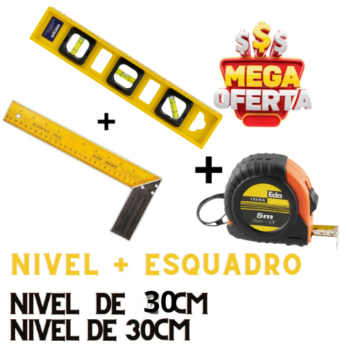 Kit Esquadro 30 cm + Nível 30 cm + Trena 5M - Construção/ Pedreiro/ Obras