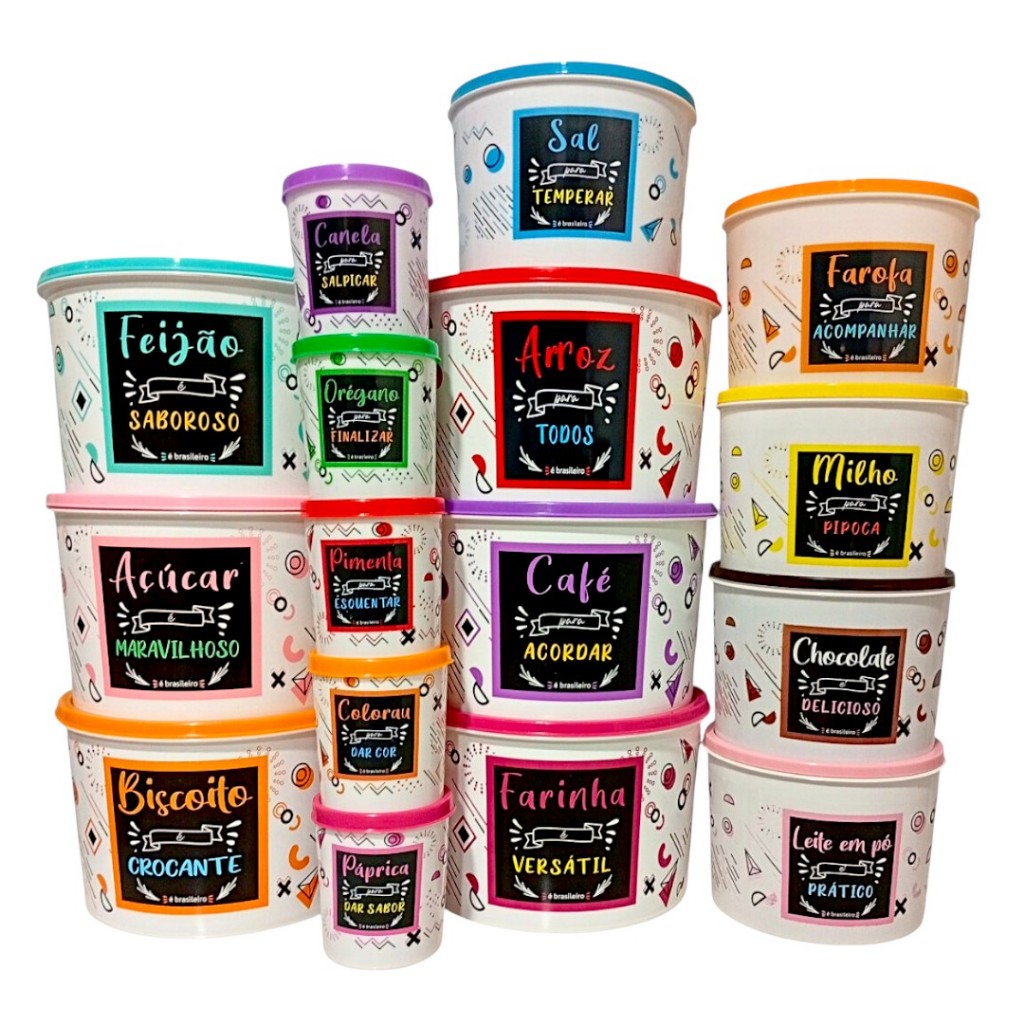 Kit porta mantimentos 16 peças coloridos decorados Arroz 2 litros em Oferta na Shopee
