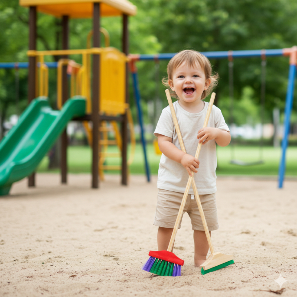 Kit Vassoura e Rodo Infantil Kit Com 2 Peças Tamanho Pequeno Menino e Menina Cores Neutras