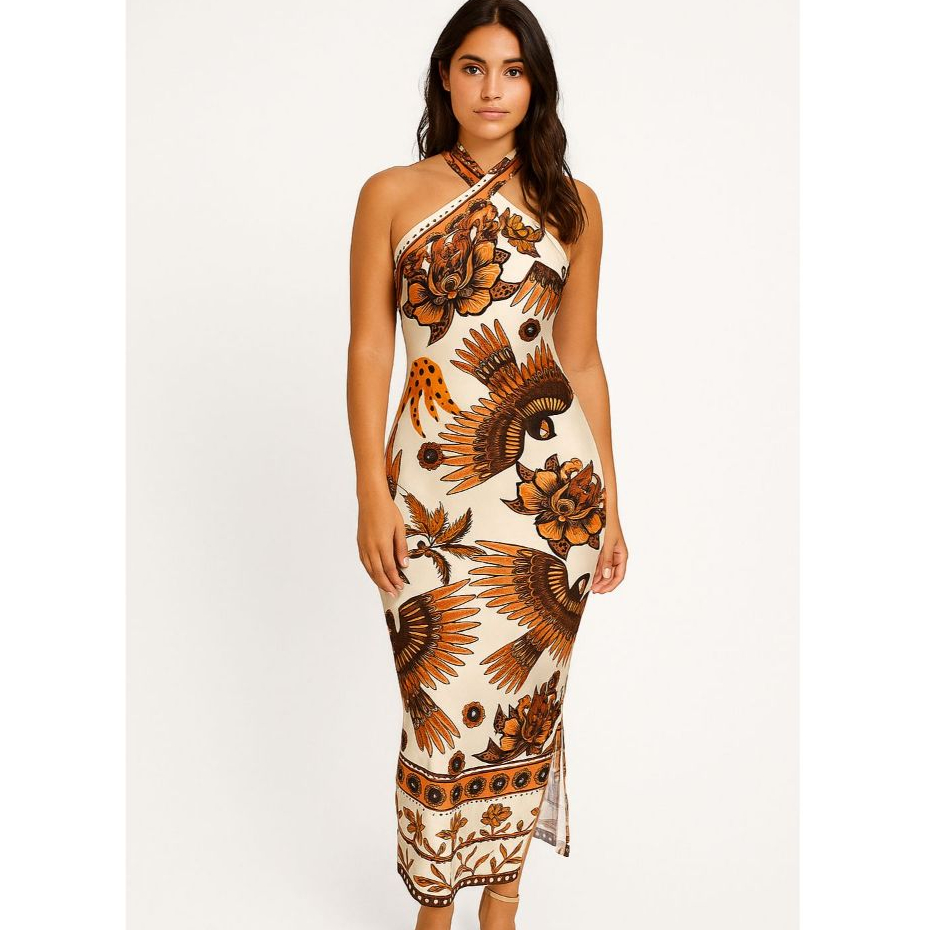 Vestido Midi Estampado Frente Única Floral Tropical Estilo Praia Festa e Uso Casual