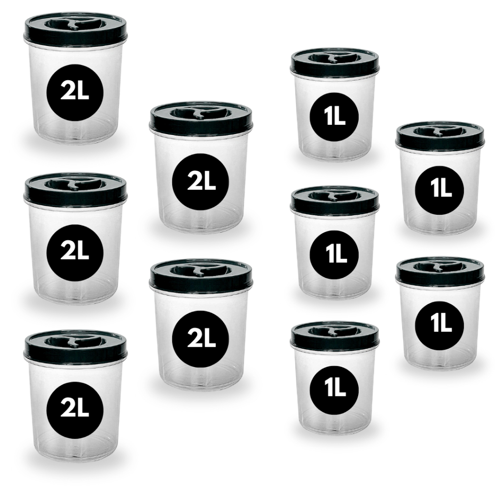 Kit 10 Potes Redondo 5 De 2 Litros + 5 de 1 Litro Transparente Tampa Rosca Pote Mantimento BPA FREE