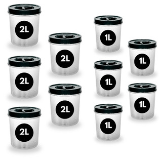 Kit 10 Potes Redondo 5 De 2 Litros + 5 de 1 Litro Transparente Tampa Rosca Pote Mantimento BPA FREE