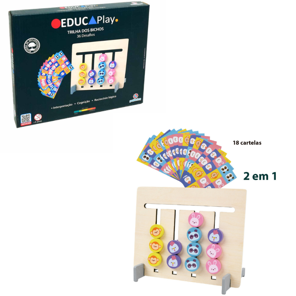 Trilha dos Bichos Educaplay 2 em 1 com 18 Cartelas e 36 Desafios – Jogo Educativo Infantil em Madeira educativo