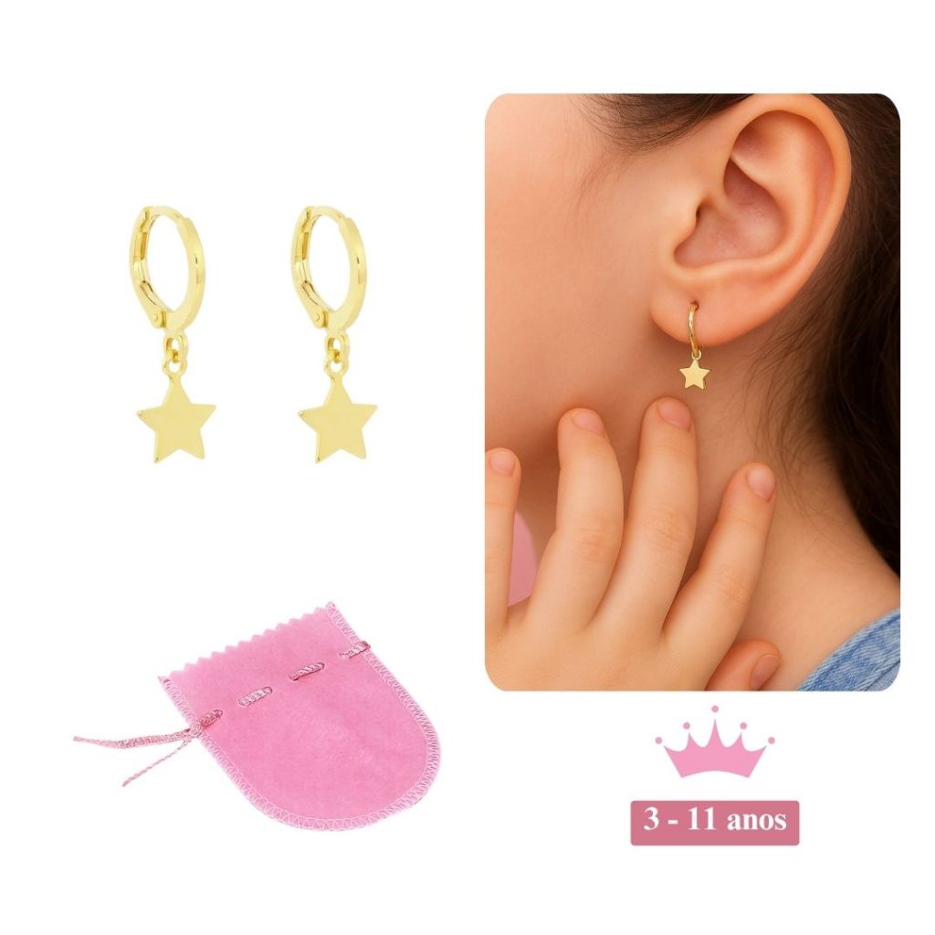 Brinco Argola Click Infantil Berloque Estrela Banhado A Ouro 18k Hipoalergênico