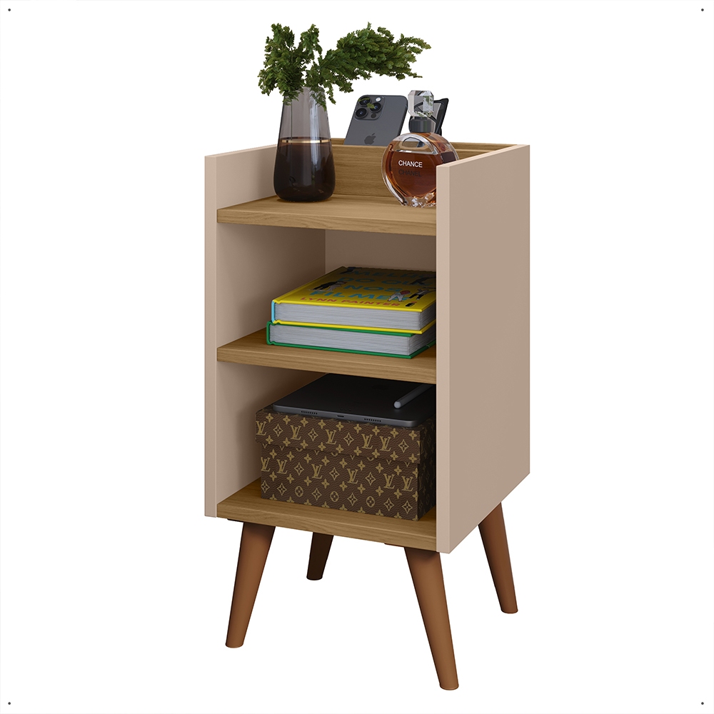 Mesa de Cabeceira Nicho Organizador prateleira, pés retrô e Porta-Celular Max