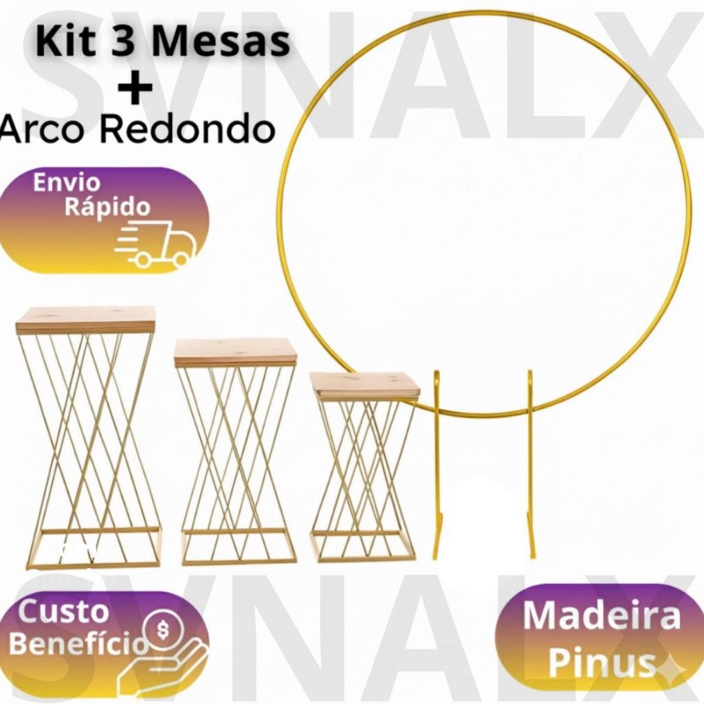 Kit 3 Mesas Em Ferro Treliça Cruzada + Painel Arco Redondo Desmontável Decoração de Festa Promoção