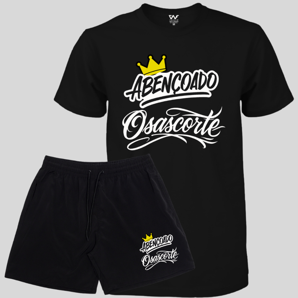 Kit Camiseta + Bermuda Osascorte Abençoado Masculina Short Elastano Lançamento