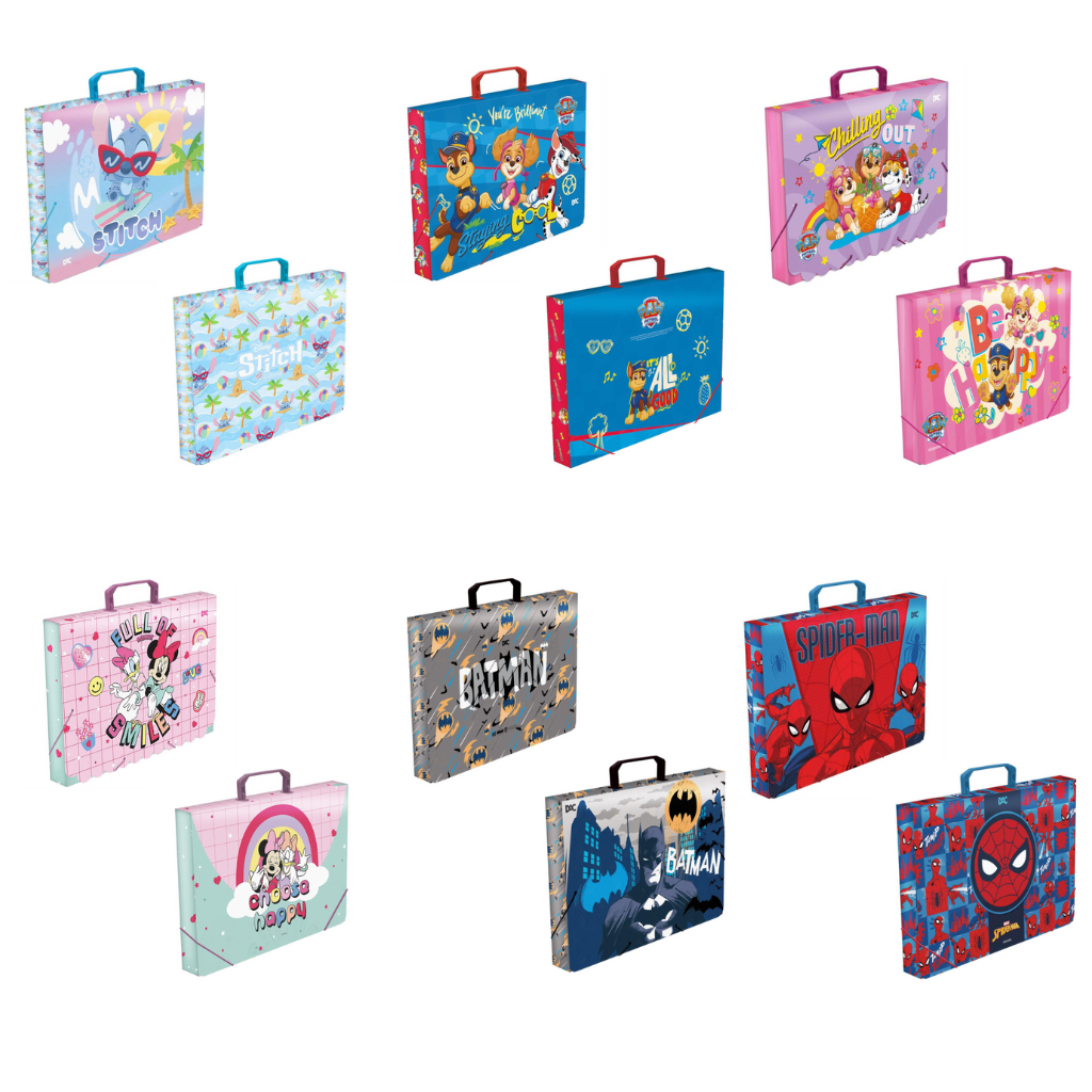 Maleta Plástica Escolar com Alça Homem Aranha Batman Minnie Patrulha Canina Stitch Princesas 40 mm