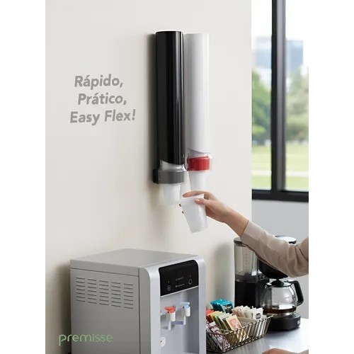 Dispensador de Copos Descartáveis 180ml Fita Dupla Face Preto Kit lixeira e Dispenser Copo plástico 200mL