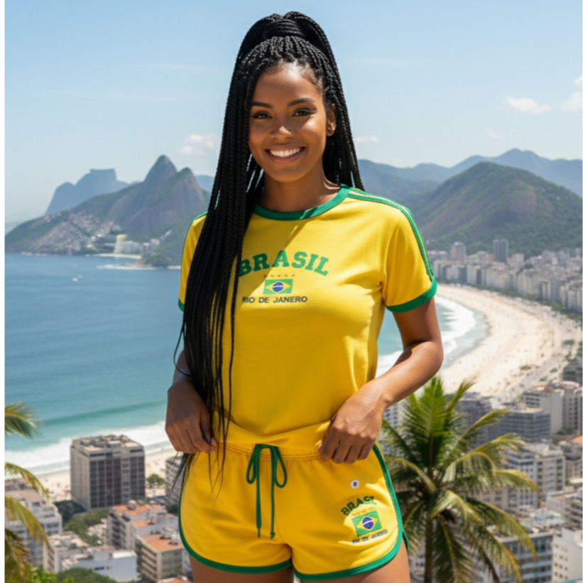 Conjunto Do Brasil Bordada Camisa + Short Feminino - Retrô
