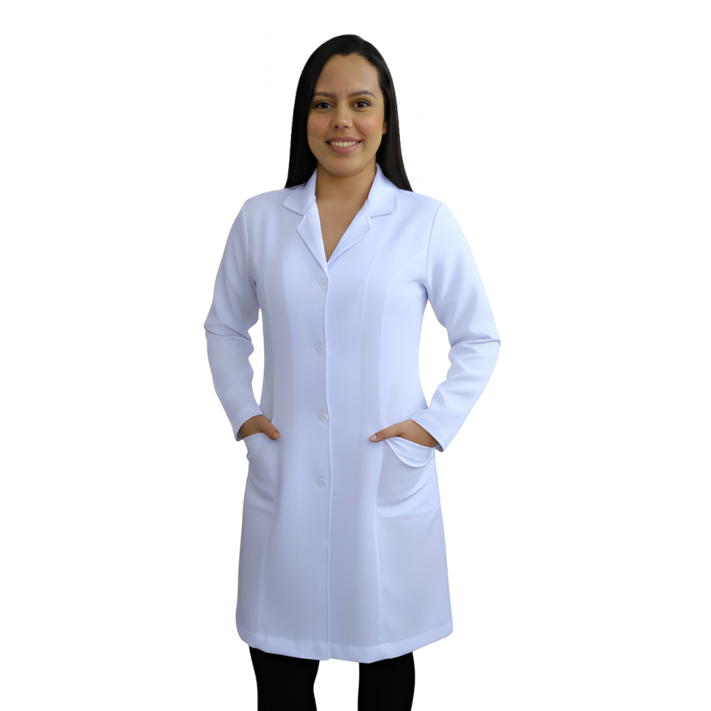 Jaleco Feminino GolaTradicional Manga Longa Acinturado Tecido gabardine Branco Enfermagem Nutrição