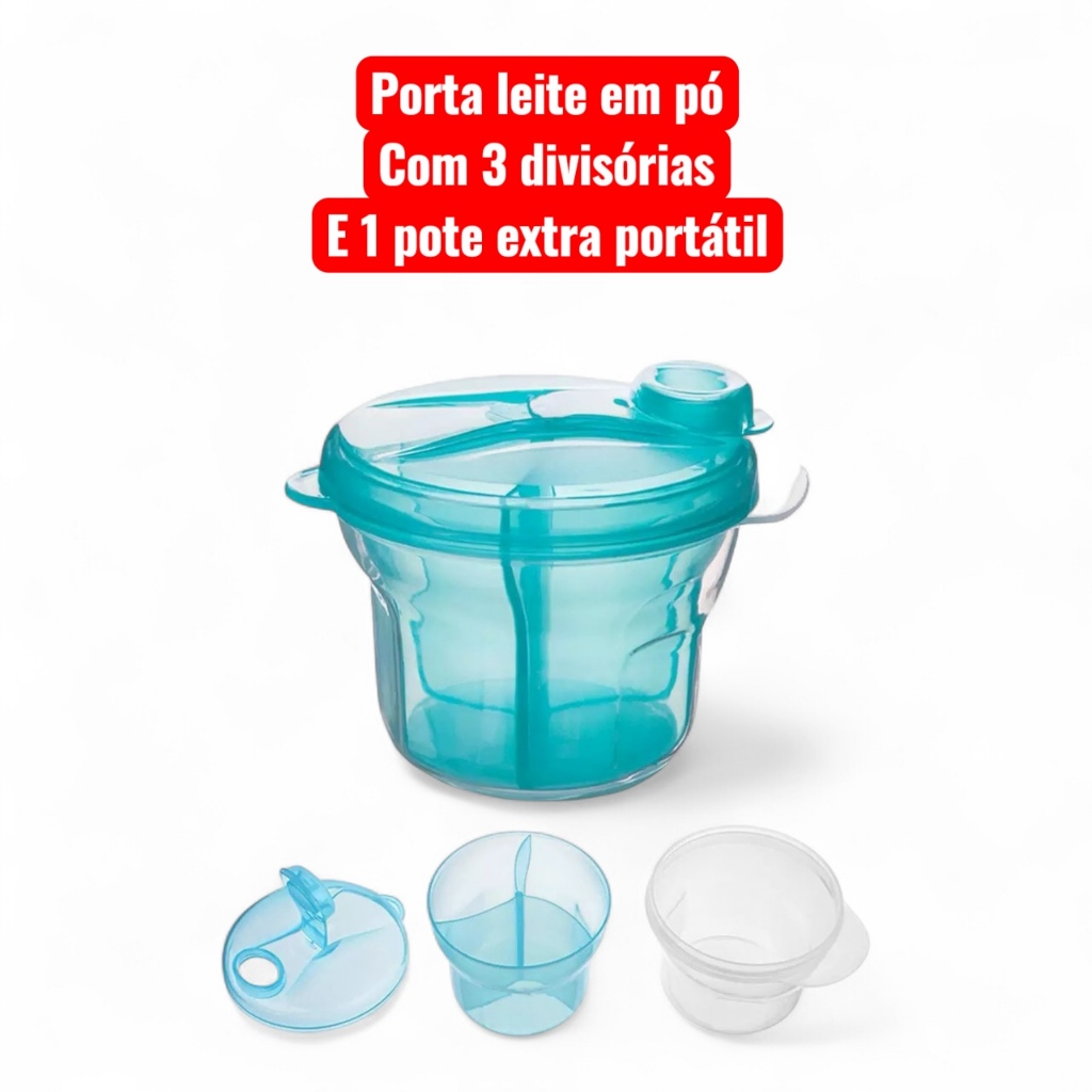 Porta Leite em Pó de Bebê com 3 Compartimentos E Pote Extra Transparente – Dosador 300ml Portátil